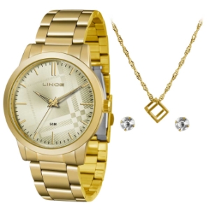 RELÃGIO LINCE FEMININO - DOURADO + BRINCO + COLAR