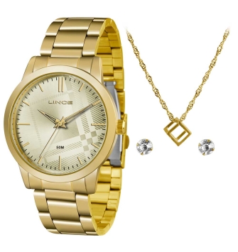 RELÓGIO LINCE FEMININO - DOURADO + BRINCO + COLAR